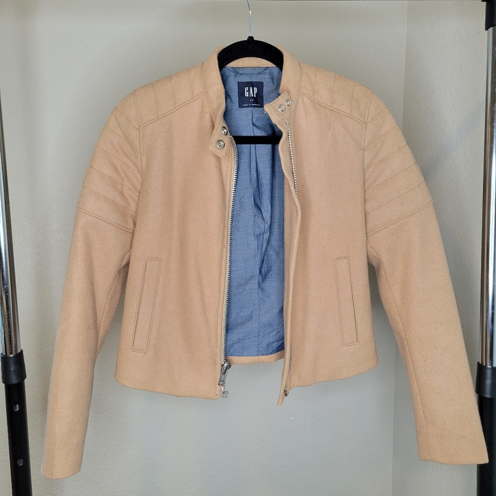 GAP Camel Beige Wool Moto Jacket Crop Biker Jacket Womens Size XS